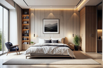 photo of a modern apartment bedroom with designer interior and furniture, luxury interior architecture design idea