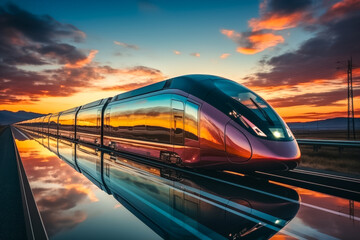 Obraz premium Bahnreisen der Zukunft, Moderner futuristischer Zug fährt durch die Landschaft, Generative AI