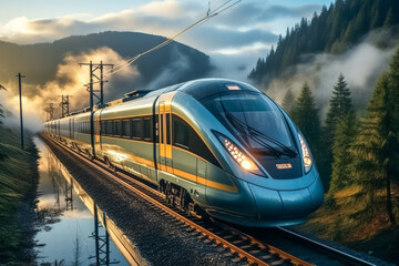 Fototapeta premium Bahnreisen der Zukunft, Moderner futuristischer Zug fährt durch die Landschaft, Generative AI