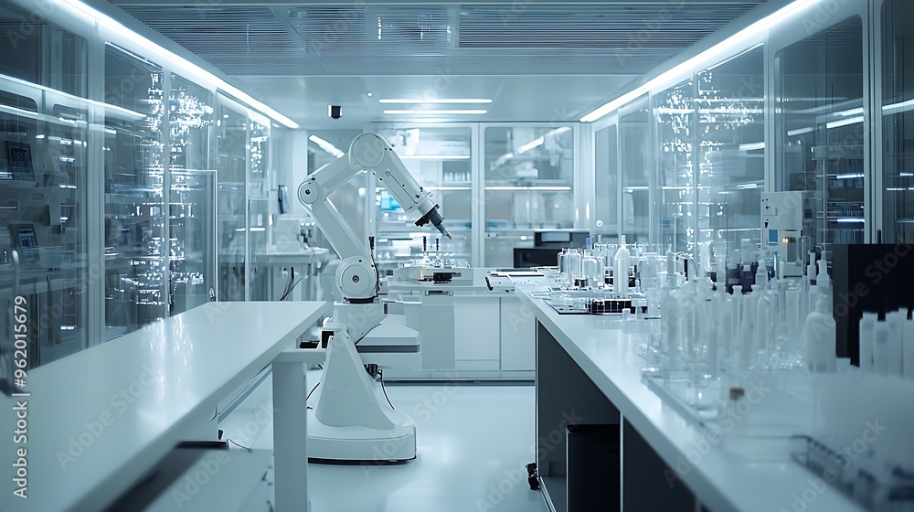 Aufkleber a sleek robotic arm operates in a scientific laboratory, showcasing the integration of automation in