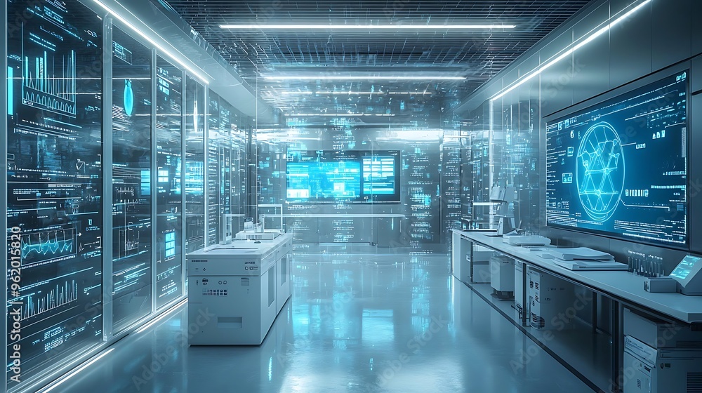 Poster a tech lab filled with data visualization displays merges science and futuristic design, showcasing 