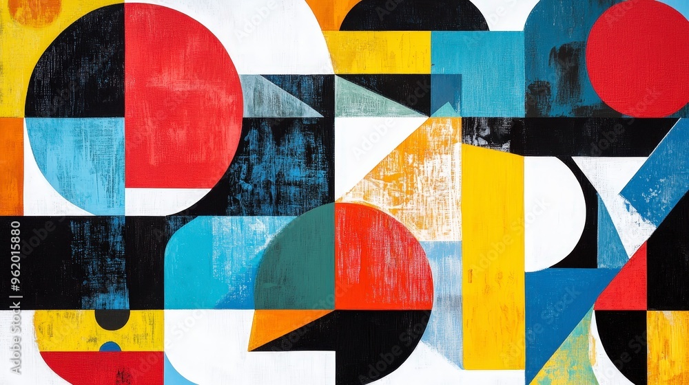 Poster dynamic geometric abstract art with vivid shapes and patterns on clean white background