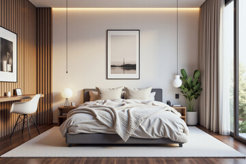 Fototapeta premium photo of a modern apartment bedroom with designer interior and furniture, luxury interior architecture design idea