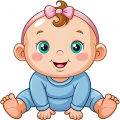 Cute Baby Girl in Blue Onesie with Pink Bow, Cartoon Illustration, Digital Illustration, Baby, Girl, Cartoon, Illustration