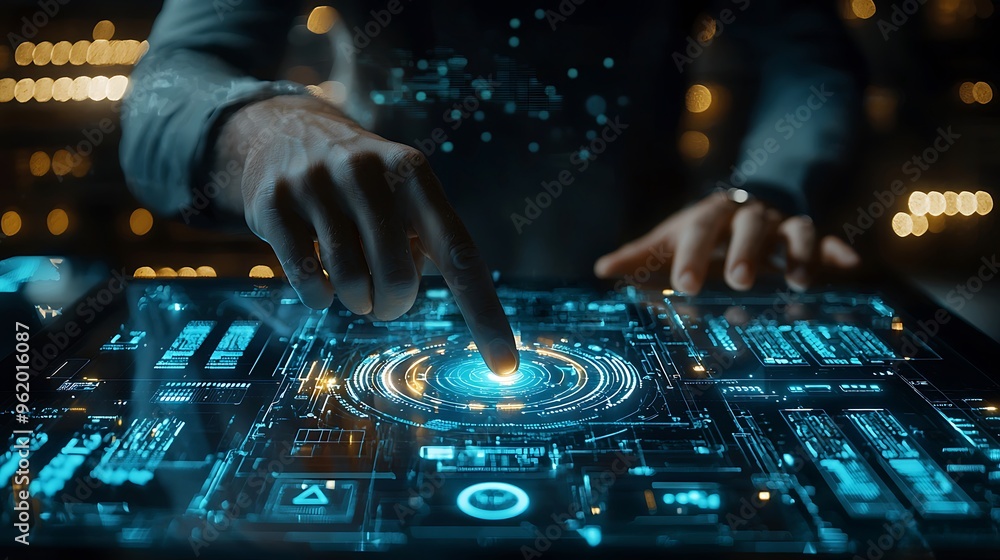 Poster a hand interacts with a futuristic holographic interface, merging the physical and digital worlds in