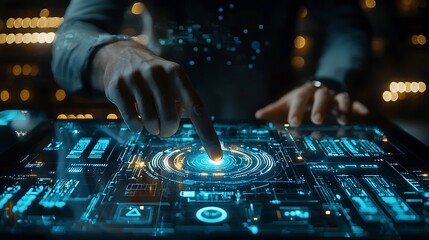 A hand interacts with a futuristic holographic interface, merging the physical and digital worlds in a seamless touch.