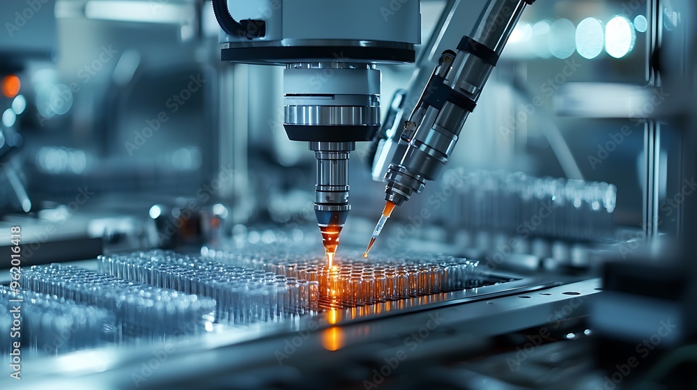 Poster an automated liquid handling system fills test tubes with a robotic arm, showcasing precision and te