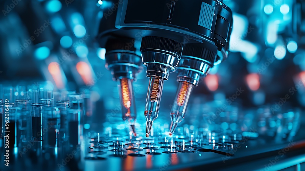 Aufkleber an automated liquid dispensing system operates efficiently in a lab, exemplifying modern scientific 