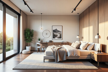 Fototapeta premium photo of a modern apartment bedroom with designer interior and furniture, luxury interior architecture design idea