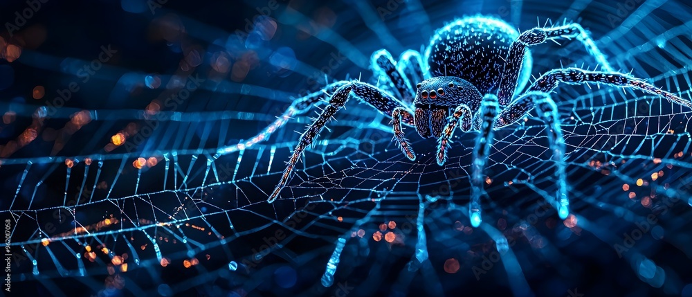 Poster neon spiders weaving glowing webs in the dark futuristic digital artwork with ethereal luminous patt