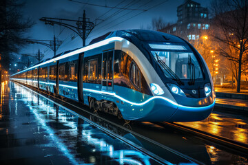 Naklejka premium Bahnreisen der Zukunft, Moderner futuristischer Zug fährt durch die eine Stadt, Generative AI