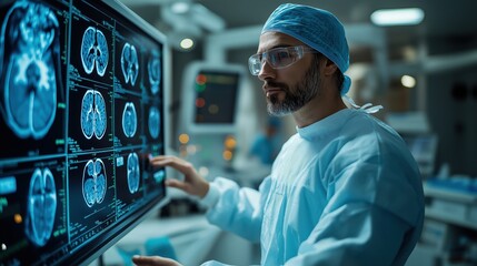 Surgeon Engaging with Futuristic Machine in Bright Healthcare 