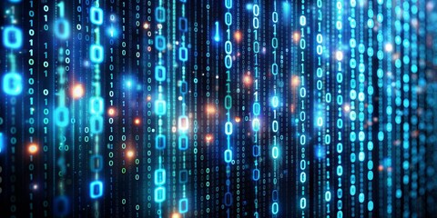 Digital Code Rain - Glowing Blue Binary Code on Black Background, digital, binary, code