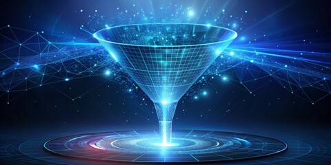 Digital Funnel Abstract 3D Illustration of a Futuristic Funnel with Glowing Lines and Points, Data Funnel, Digital Marketing, Funnel Visualization. Data Funnel, Digital Marketing, Funnel Visualization