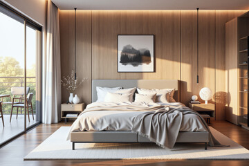 photo of a modern apartment bedroom with designer interior and furniture, luxury interior architecture design idea