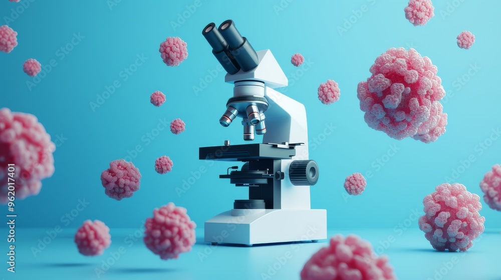 Poster a digital rendering shows a microscope surrounded by floating pink virus particles on a bright blue 