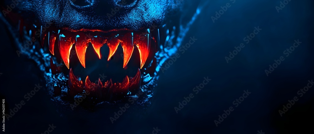 Poster dramatic close up of glowing neon vampire fangs against a dark and ominous background creating a chi