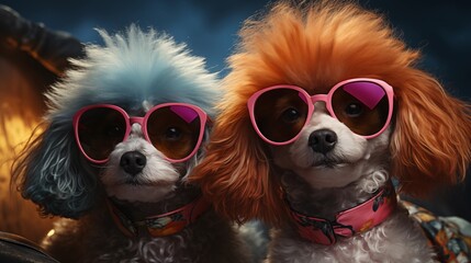 Two lovely poodles wearing sunglasses with vibrant colored frames and colorful hair.