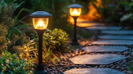 An illuminated garden path with stone steps and lantern lights leads through a lush, tranquil setting.