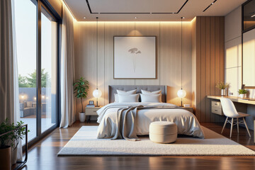 photo of a modern apartment bedroom with designer interior and furniture, luxury interior architecture design idea
