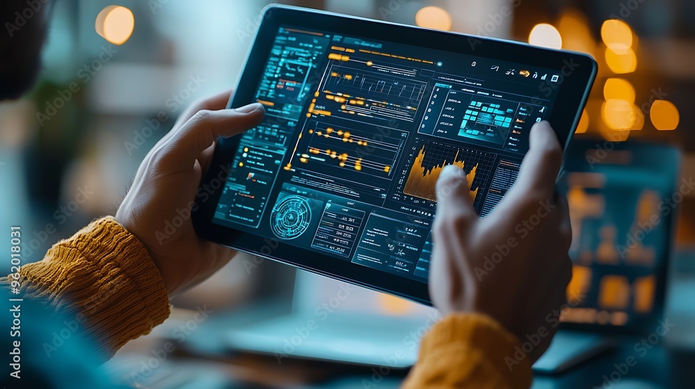 Poster a man examines data on his tablet, surrounded by digital graphs and charts that depict a world of an