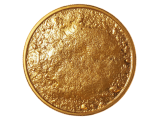 A close-up view of a textured gold coin, isolated on transparent background.
