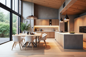 Fototapeta premium photo of a modern apartment kitchen with designer interior and furniture, luxury interior architecture design idea