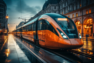 Fototapeta premium Bahnreisen der Zukunft, Moderner futuristischer Zug fährt durch die eine Stadt, Generative AI