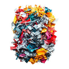 Pile of crumpled paper scraps in various colors, isolated on transparent background.