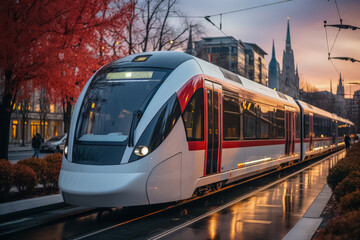 Naklejka premium Bahnreisen der Zukunft, Moderner futuristischer Zug fährt durch die eine Stadt, Generative AI