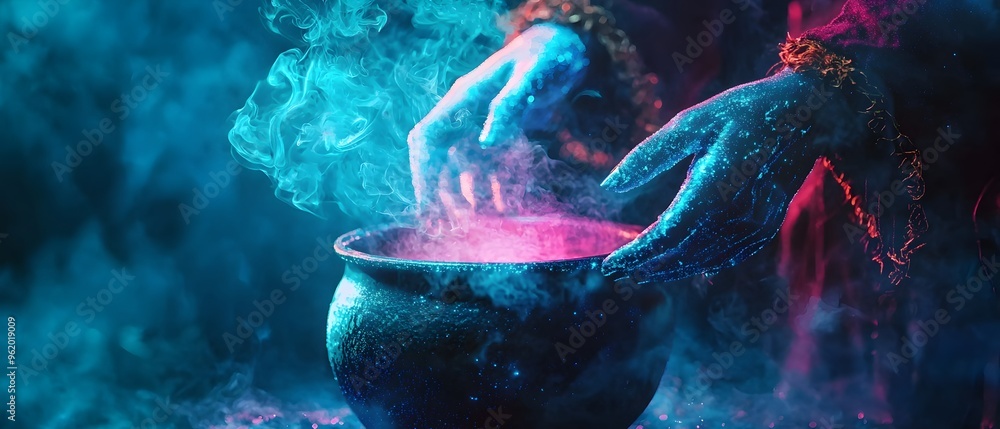 Poster glow in the dark witches stirring a neon potion in a cauldron surreal photographic concept with copy