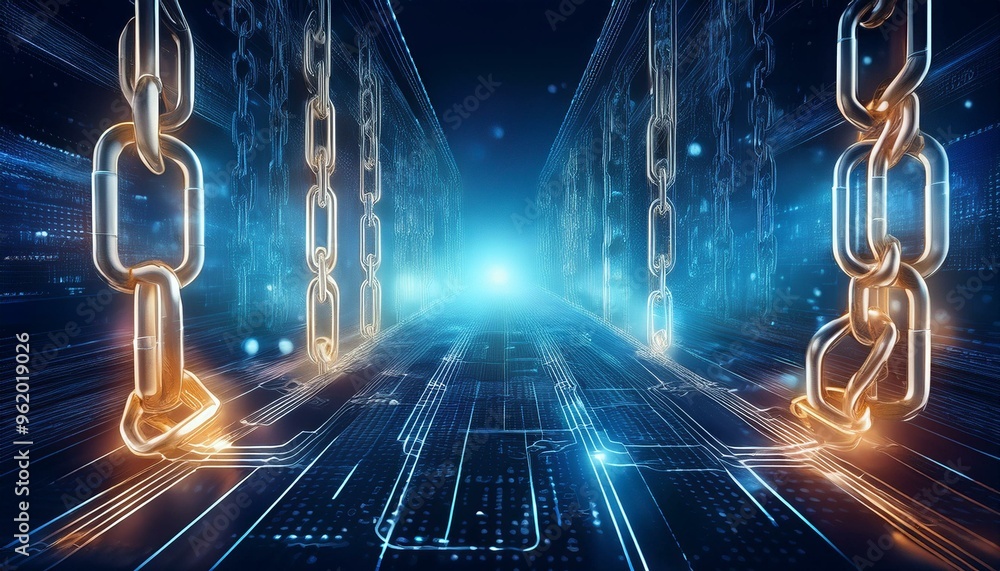 Poster futuristic blockchain concept highlighting document integrity and authenticity with ai, illuminated 