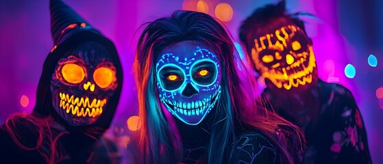 Obraz premium Glowing Neon Halloween Costumes with Spooky and Surreal Atmosphere CGI Rendering Depicting Creepy Eerie and Ominous Halloween Aesthetic
