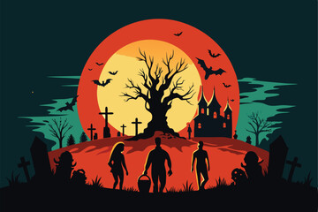 Spooky Blood Moon Cemetery & Zombies Halloween T-Shirt Design vector illustration