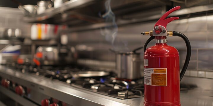 Fire extinguishers in restaurant kitchen, safety regulations, with space for text area
