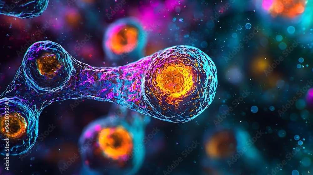 Poster an abstract cell structure with vibrant colors captures the complex and beautiful world of microscop