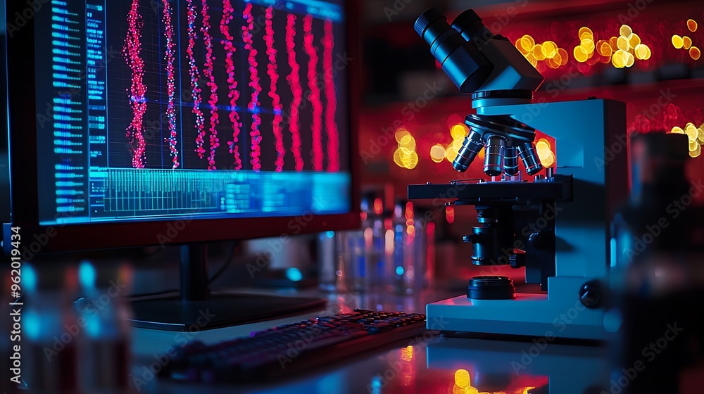 Poster a microscope and computer screen with data analysis in a lab setting reflect the precision of modern