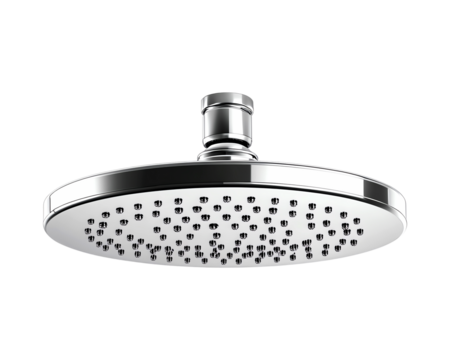 Modern chrome shower head design, isolated on transparent background.