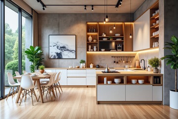 Fototapeta premium photo of a modern apartment kitchen with designer interior and furniture, luxury interior architecture design idea