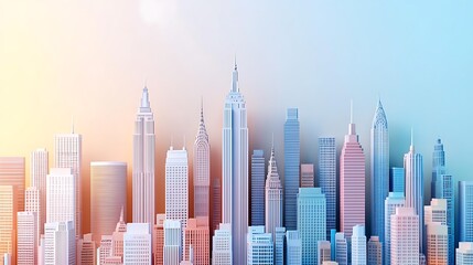 A modern city skyline in pastel colors at sunset creates a dreamy and serene urban landscape.