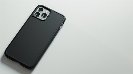 A black phone case on a white surface.