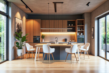 Fototapeta premium photo of a modern apartment kitchen with designer interior and furniture, luxury interior architecture design idea