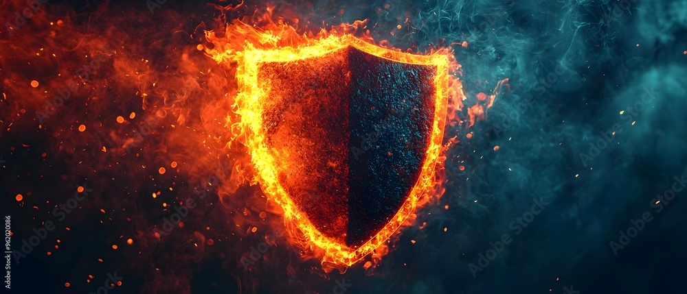 Poster of a fiery glowing shield representation a robust firewall implementation to safeguard against phish