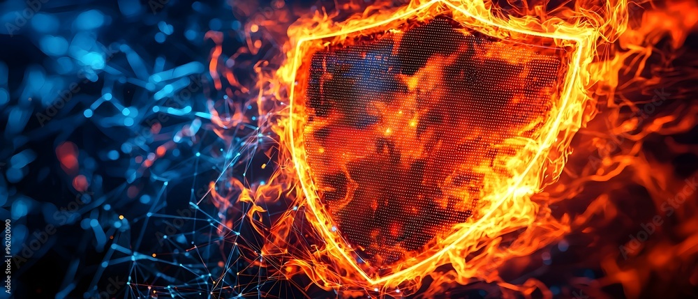 Poster fiery firewall safeguards shielding digital networks from cyber threats and data breaches