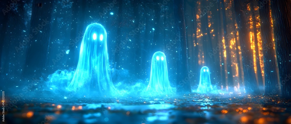 Poster glowing ethereal ghosts or spectral entities floating through a captivating neon lit forest landscap