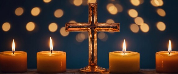 Cross Surrounded by Glowing Candles Warm and Reverent Religious Ceremony Concept with Copy Space.