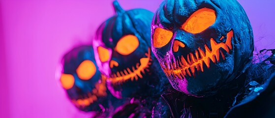 Glowing neon Halloween pumpkin costumes and creepy monster masks against a vibrant psychedelic blacklight backdrop  photography concept with copy space for text overlay