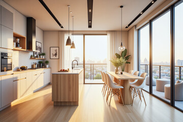 Fototapeta premium photo of a modern apartment kitchen with designer interior and furniture, luxury interior architecture design idea