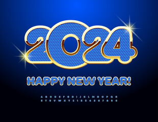 Vector premium Greeting Card Happy New Year 2025! Unique Blue and Gold Font. Modern digital Alphabet Letters and Numbers set.