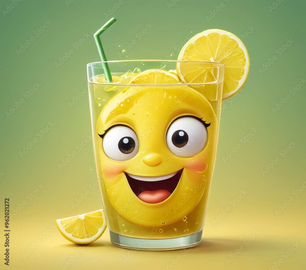 Poster a vibrant and happy lemon character smiles inside a glass of refreshing lemonade, complete with a st